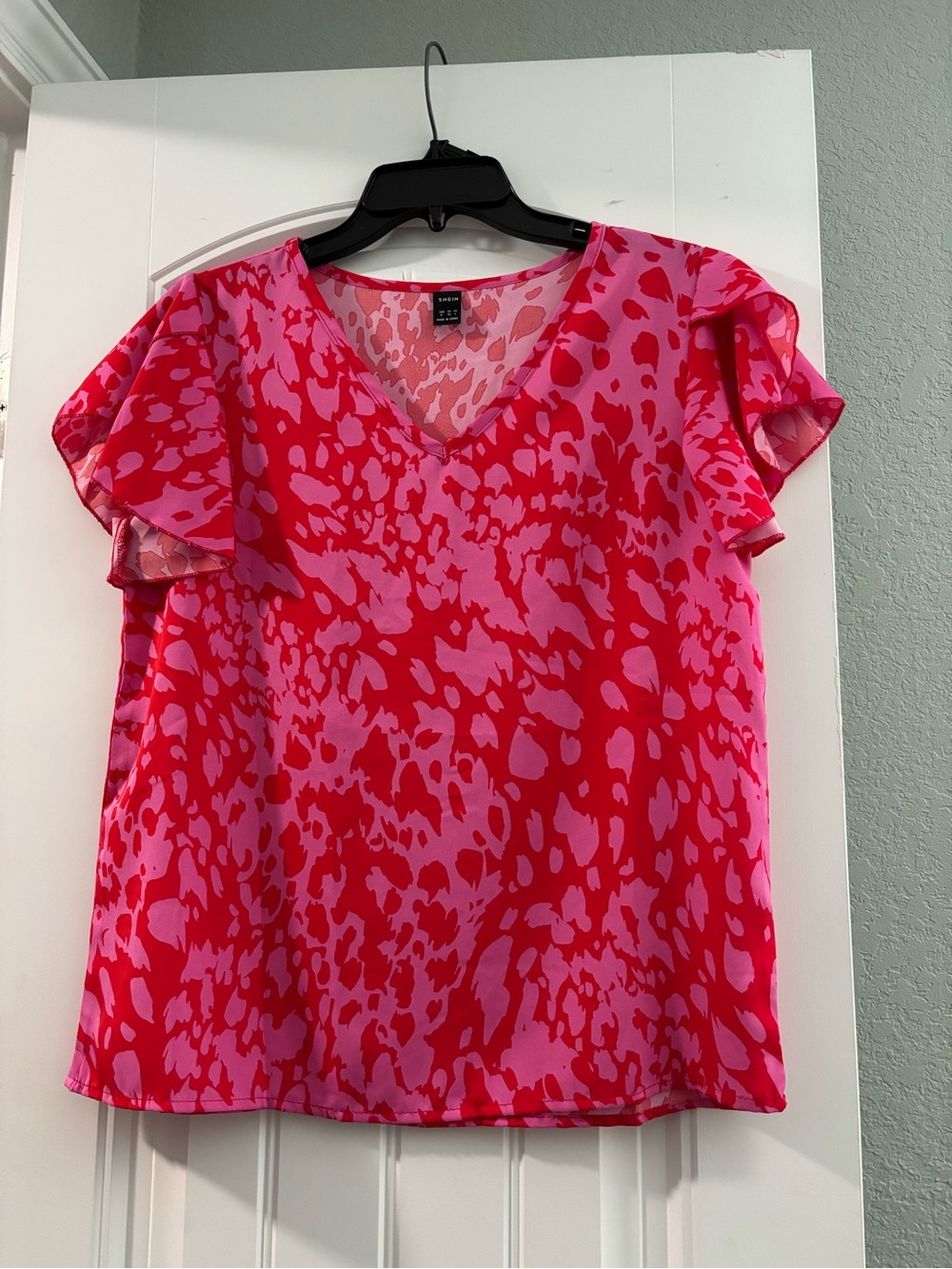 SHEIN Pink and Red V-Neck Flutter Sleeve Blouse